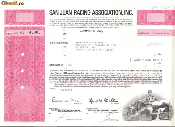 308 Actiuni -SAN JUAN RACING ASSOCIATION, INC. -seria JU48983