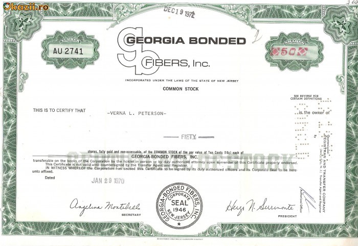 290 Actiuni -GEORGIA BONDED FIBERS, Inc.-seria AU 2741