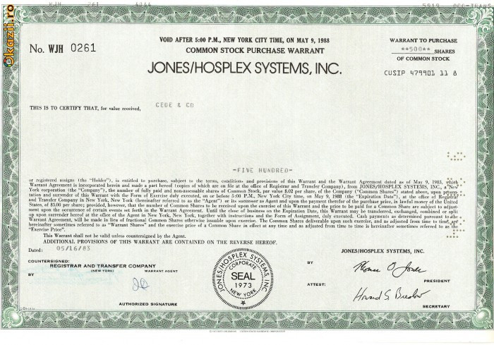 236 Actiuni JONES/HOSPLEX SYSTEMS, INC.-seria WJH 0261