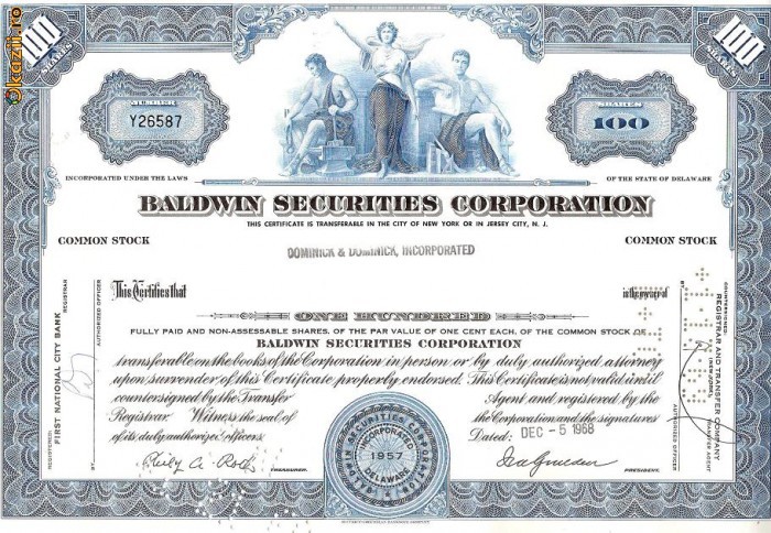 222 Actiuni SUA -Baldwin Securities Corporation -seria Y26587