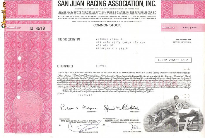 307 Actiuni -SAN JUAN RACING ASSOCIATION, INC. -seria JU8519 307 Actiuni -SAN JUAN RACING ASSOCIATION, INC. -seria JU8519