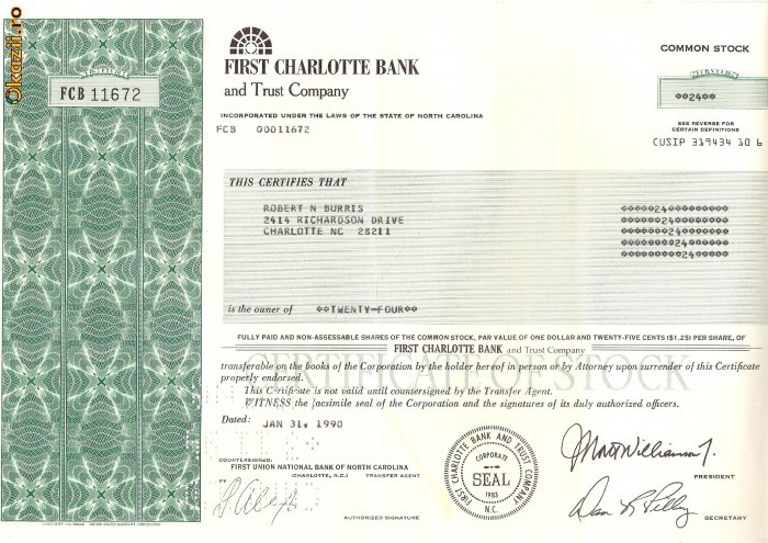 335 Actiuni -FIRST CHARLOTTE BANK -seria FCB 11672