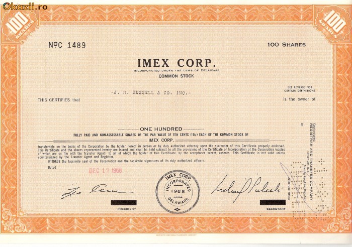 231 Actiuni SUA - IMEX CORP.-seria C 1489 231 Actiuni SUA - IMEX CORP.-seria C 1489
