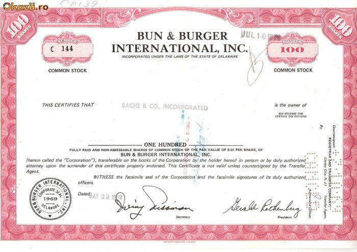 263 Actiuni -BUN&amp;amp;BURGER INTERNATIONAL,INC. -seria C 144