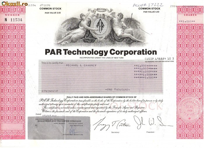 277 Actiuni -PAR Technology Corporation -seria N 11534 277 Actiuni -PAR Technology Corporation -seria N 11534