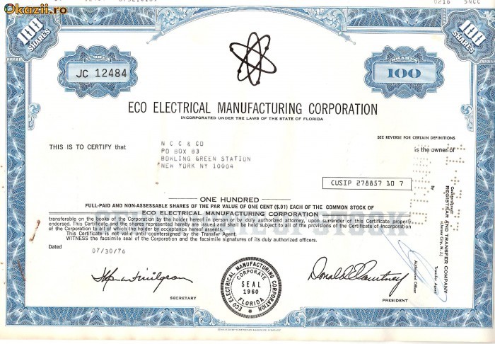 327 Actiuni -ECO ELECTRICAL MANUFACTURING CORPORATION