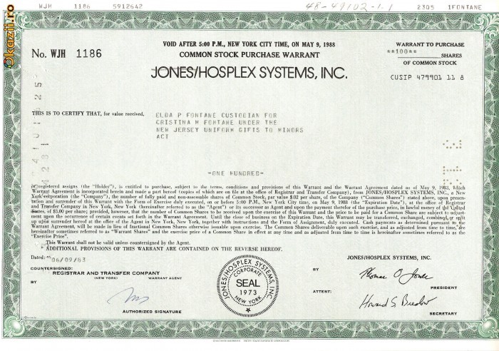 234 Actiuni JONES/HOSPLEX SYSTEMS, INC.-seria WJH1186