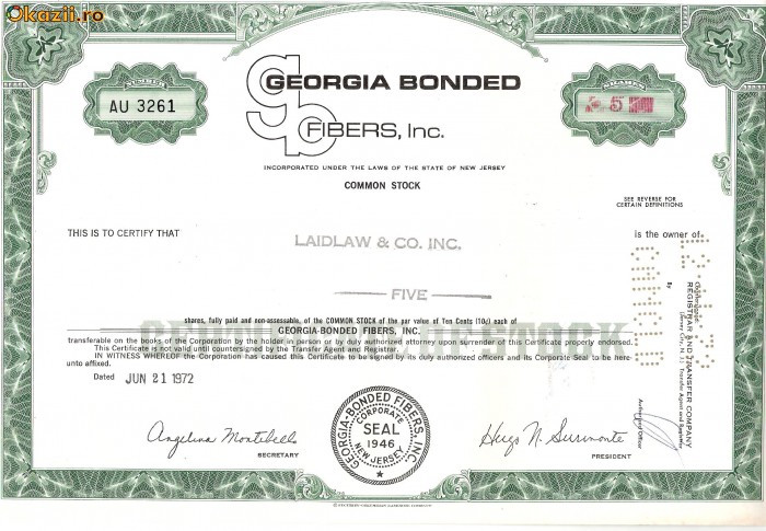 295 Actiuni -GEORGIA BONDED FIBERS, Inc.-seria AU 3261