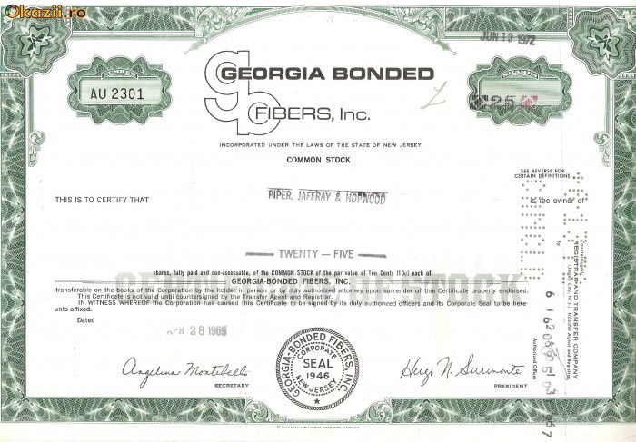 292 Actiuni -GEORGIA BONDED FIBERS, Inc.-seria AU 2301