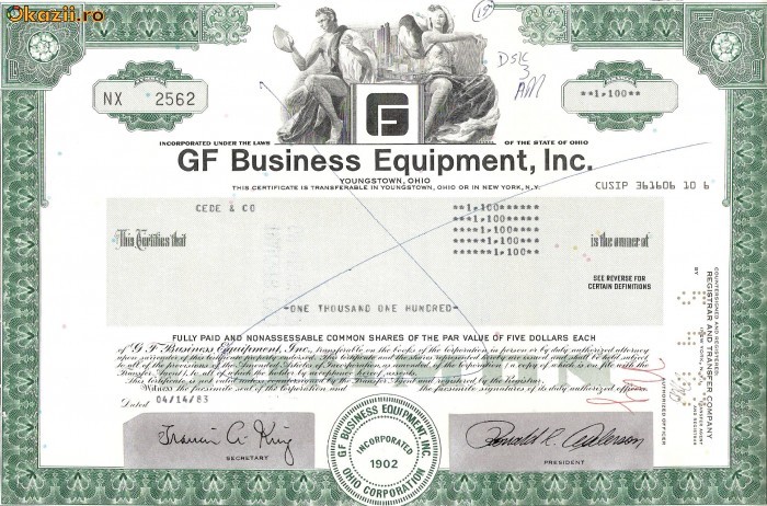229 Actiuni SUA -GF Business Equipment, Inc.-seria NX 2562 229 Actiuni SUA -GF Business Equipment, Inc.-seria NX 2562