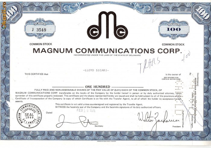 239 Actiuni MAGNUM COMMUNICATIONS CORP.-seria J 3549