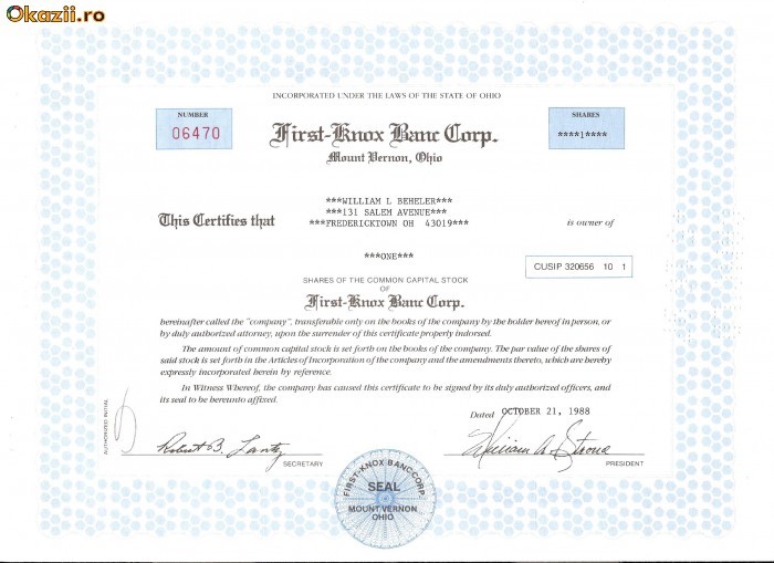 289 Actiuni -First-Knox Banc Corp.-seria 06470 289 Actiuni -First-Knox Banc Corp.-seria 06470