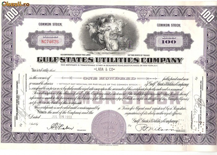 282 Actiuni -GULF STATES UTILITIES COMPANY-seria NC74626 282 Actiuni -GULF STATES UTILITIES COMPANY-seria NC74626