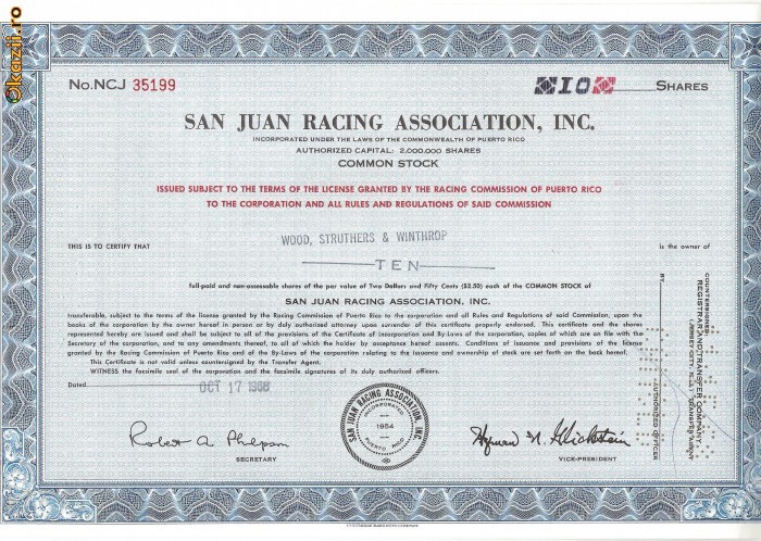 300 Actiuni -SAN JUAN RACING ASSOCIATION, INC. -seria NCJ35199