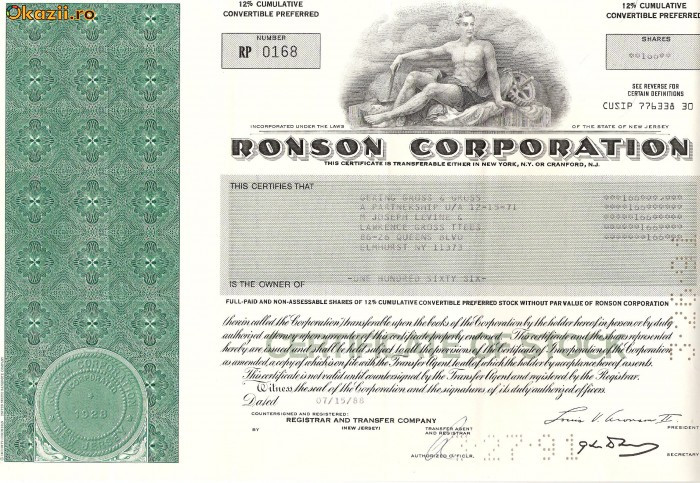 347 Actiuni -RONSON CORPORATION -seria RP 0168