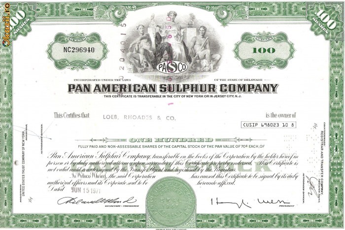 434 Actiuni - PAN AMERICAN SULPHUR COMPANY -seria NC296940