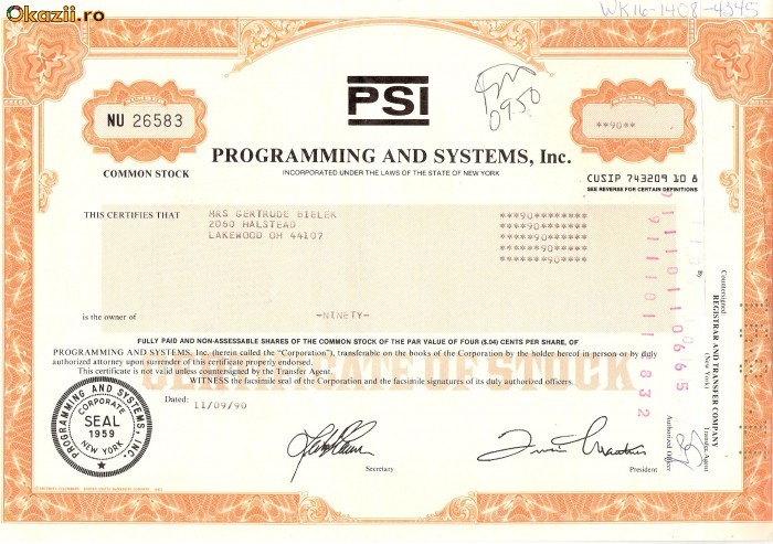 433 Actiuni - PROGRAMMING AND SYSTEMS, Inc. -seria NU26583 433 Actiuni - PROGRAMMING AND SYSTEMS, Inc. -seria NU26583