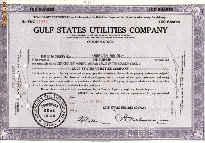 406 Actiuni -GULF STATES UTILITIES COMPANY -seria TNC17278 406 Actiuni -GULF STATES UTILITIES COMPANY -seria TNC17278
