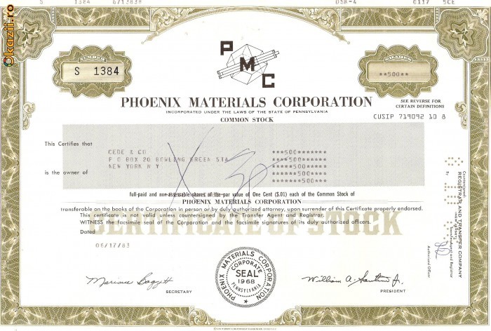 381 Actiuni -PHOENIX MATERIALS CORPORATION-seria S 1384 381 Actiuni -PHOENIX MATERIALS CORPORATION-seria S 1384