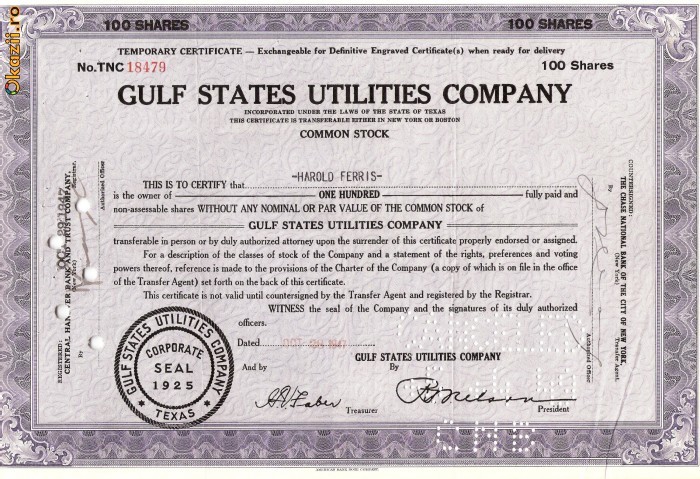 351 Actiuni -GULF STATES UTILITIES COMPANY-seria TNC18479 351 Actiuni -GULF STATES UTILITIES COMPANY-seria TNC18479