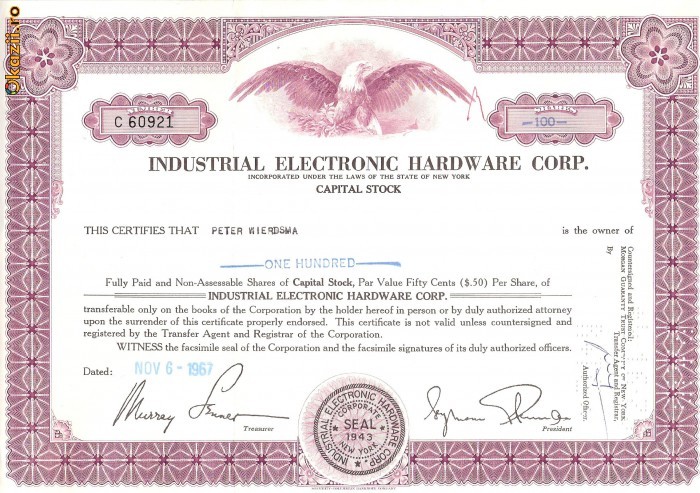 382 Actiuni -INDUSTRIAL ALECTRONIC HARDWARE CORP.-seria C60921