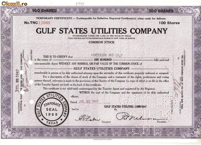 417 Actiuni -GULF STATES UTILITIES COMPANY -seria TNC17090 417 Actiuni -GULF STATES UTILITIES COMPANY -seria TNC17090
