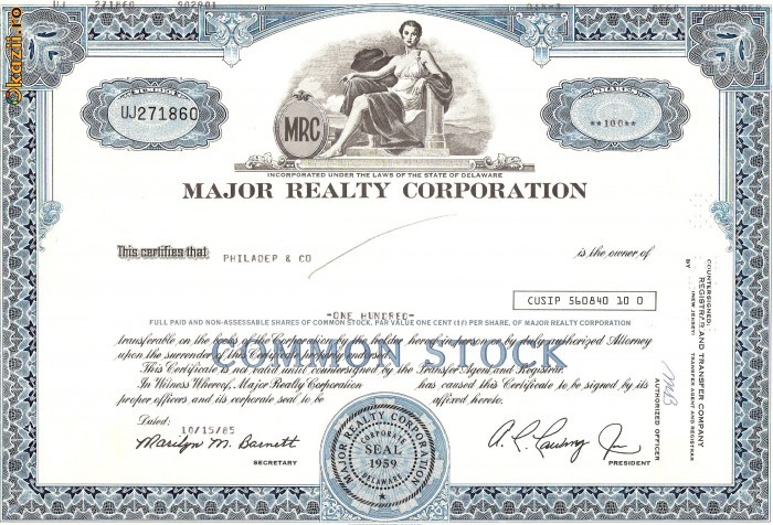 431 Actiuni - MAJOR REALTY CORPORATION -seria UJ271860