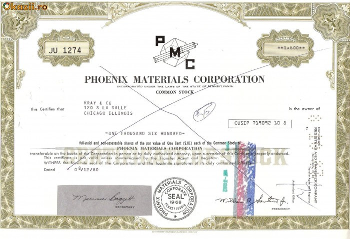 380 Actiuni -PHOENIX MATERIALS CORPORATION-seria JU1274