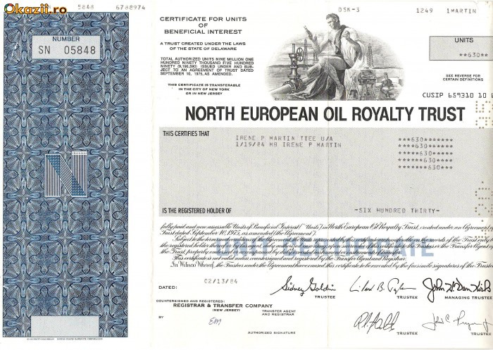 404 Actiuni -NORTH EUROPEAN OIL ROYALTY TRUST -seria SN 05848