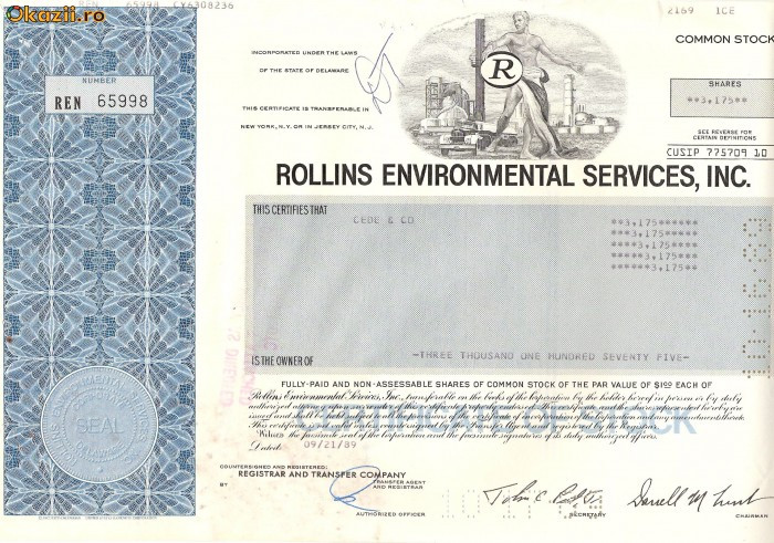 410 Actiuni -ROLLINS ENVIRONMENTAL SERVICES, INC.-seria REN65998