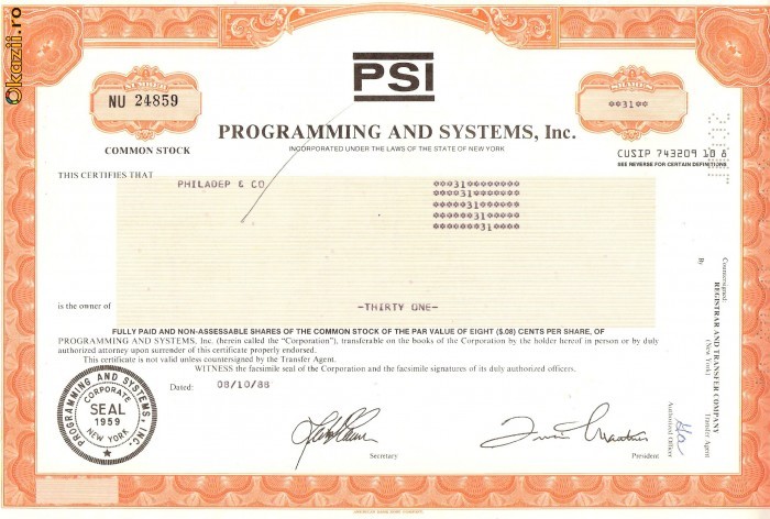 432 Actiuni - PROGRAMMING AND SYSTEMS, Inc. -seria NU24859 432 Actiuni - PROGRAMMING AND SYSTEMS, Inc. -seria NU24859