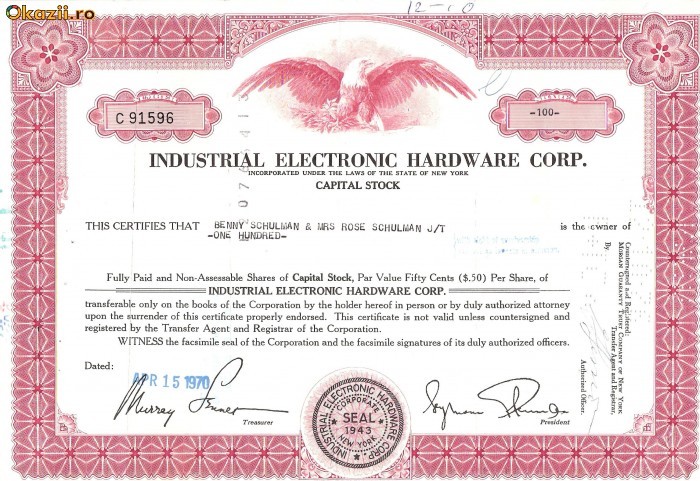 383 Actiuni -INDUSTRIAL ALECTRONIC HARDWARE CORP.-seria C91596 383 Actiuni -INDUSTRIAL ALECTRONIC HARDWARE CORP.-seria C91596
