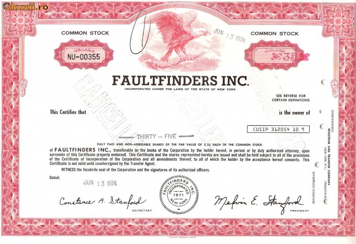 424 Actiuni - FAULTFINDERS INC. -seria NU-00355