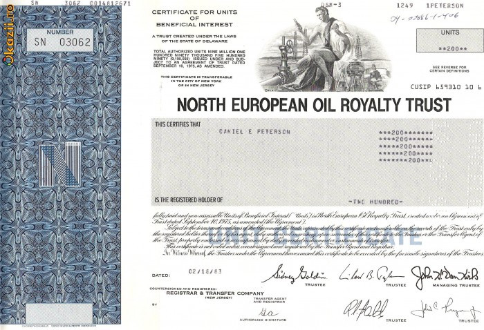 355 Actiuni -NORTH EUROPEAN OIL ROYALTY TRUST-seria SN03062