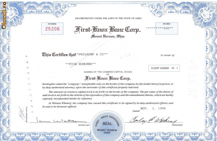 395 Actiuni -FIRST-KNOX BANC CORP. -seria 25206