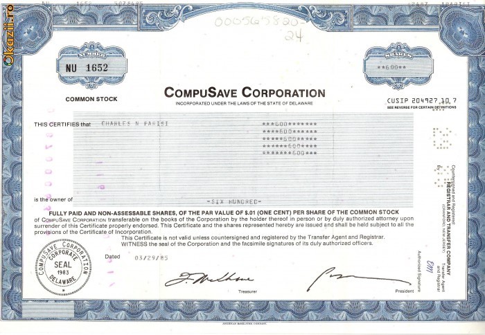 415 Actiuni -COMPUSAVE CORPORATION -seria NU 1652 415 Actiuni -COMPUSAVE CORPORATION -seria NU 1652
