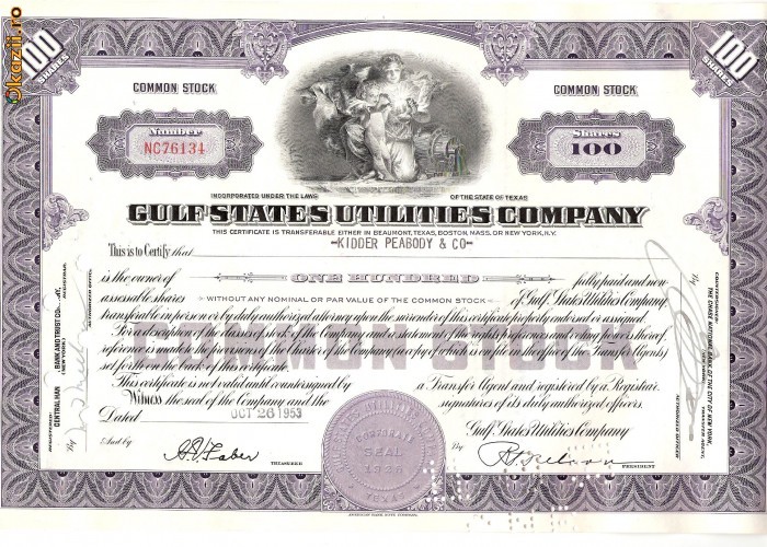 352 Actiuni -GULF STATES UTILITIES COMPANY-seria NC76134 352 Actiuni -GULF STATES UTILITIES COMPANY-seria NC76134