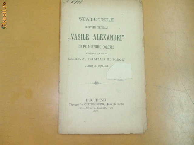 Statut Soc. culturala V. Alecsandri Sadova Dolj 1899