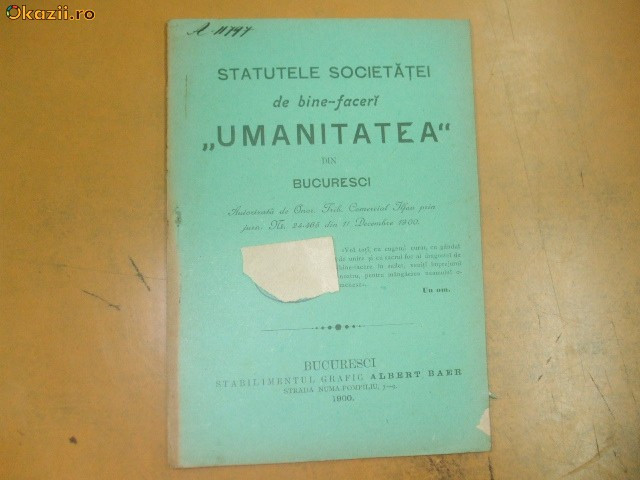 Statute Soc. de binefaceri Umanitatea Buc. 1900