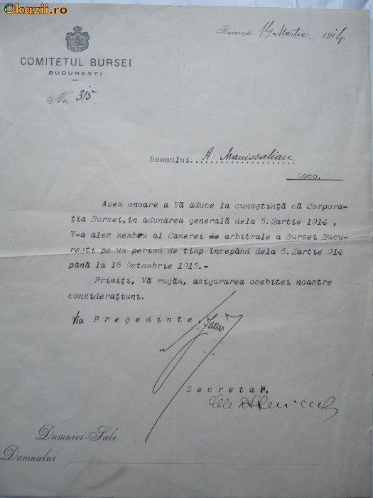 Adresa , Comitetul Bursei din Bucuresti , 1914 , semnata de presedinte