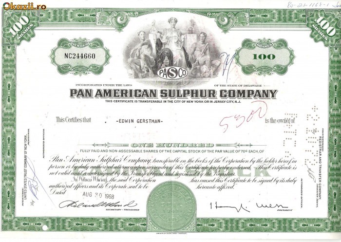 536 Actiuni -Pan American Sulphur Company -seria NC244660