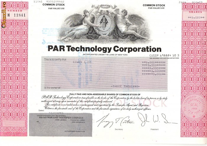 485 Actiuni - PAR Technology Corporation -seria N 11841 485 Actiuni - PAR Technology Corporation -seria N 11841