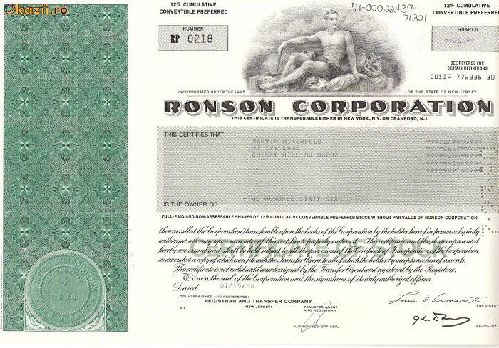 472 Actiuni - RONSON CORPORATION -seria RP 0218 472 Actiuni - RONSON CORPORATION -seria RP 0218