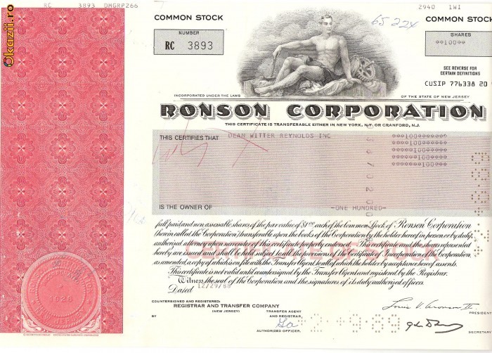 470 Actiuni - RONSON CORPORATION -seria RC 3893 470 Actiuni - RONSON CORPORATION -seria RC 3893