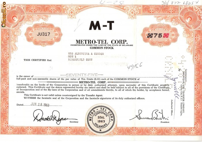 497 Actiuni -METRO-TEL CORP. -seria JU 317 497 Actiuni -METRO-TEL CORP. -seria JU 317