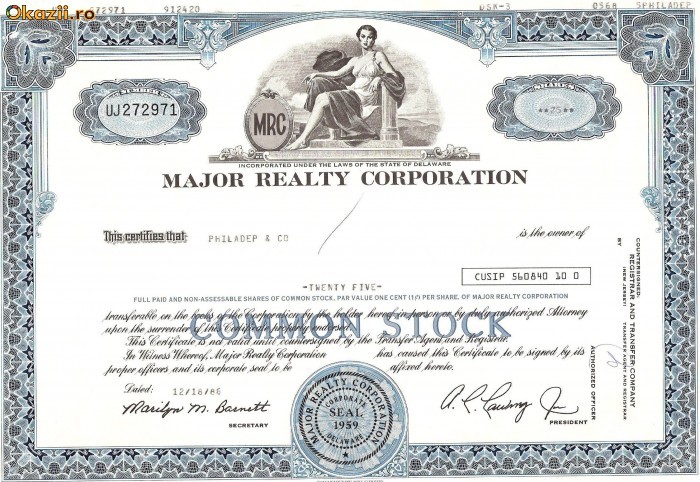 523 Actiuni -MAJOR REALTY CORPORATION -seria UJ 272971