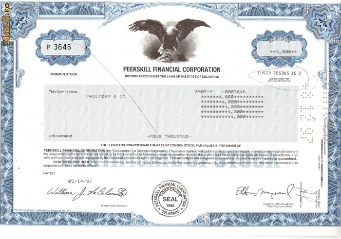 543 Actiuni -Peekskill Financial Corporation -seria P 3646
