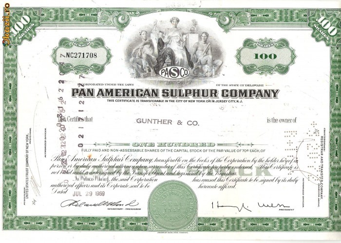 534 Actiuni -Pan American Sulphur Company -seria NC271708