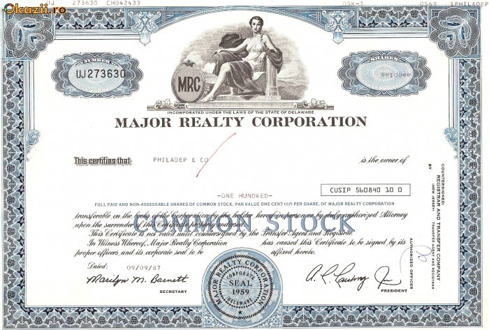 527 Actiuni -MAJOR REALTY CORPORATION -seria UJ 273630