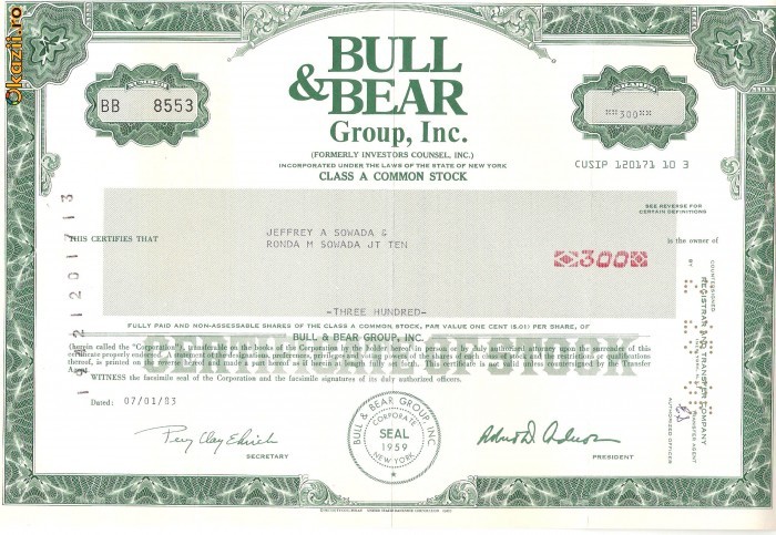 512 Actiuni -BULL &amp;amp; BEAR Group, Inc. -seria BB 8553